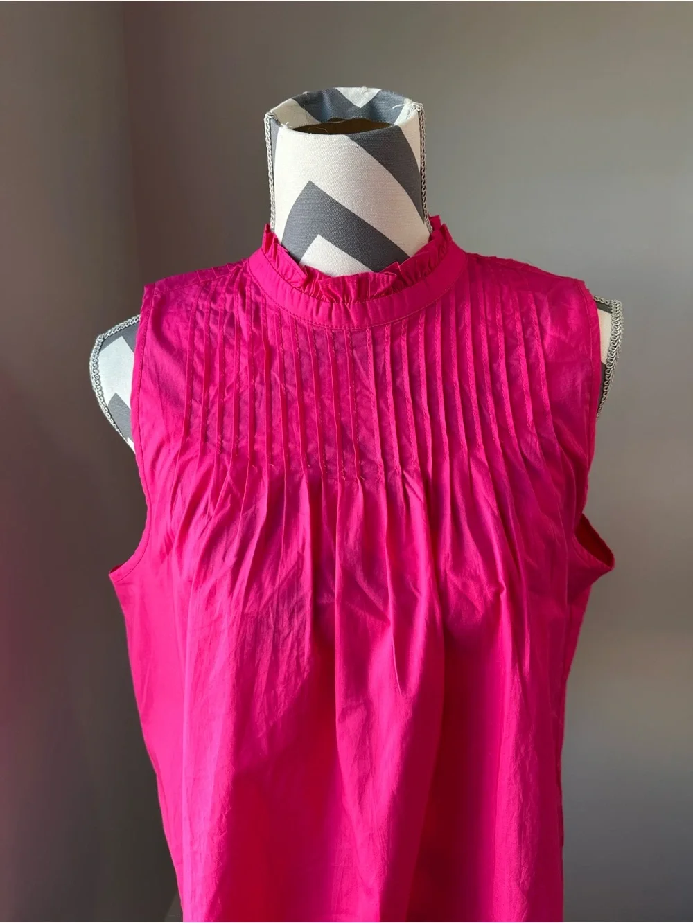 J.Crew Bright Dahlia Hot Pink Pintuck Cotton Poplin Ruffle Neck Top Blouse L NWT